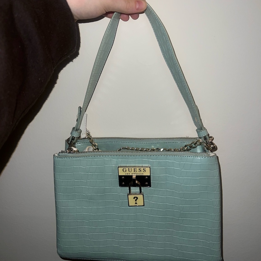GUESS Aqua Croc-Embossed Shoulder Bag